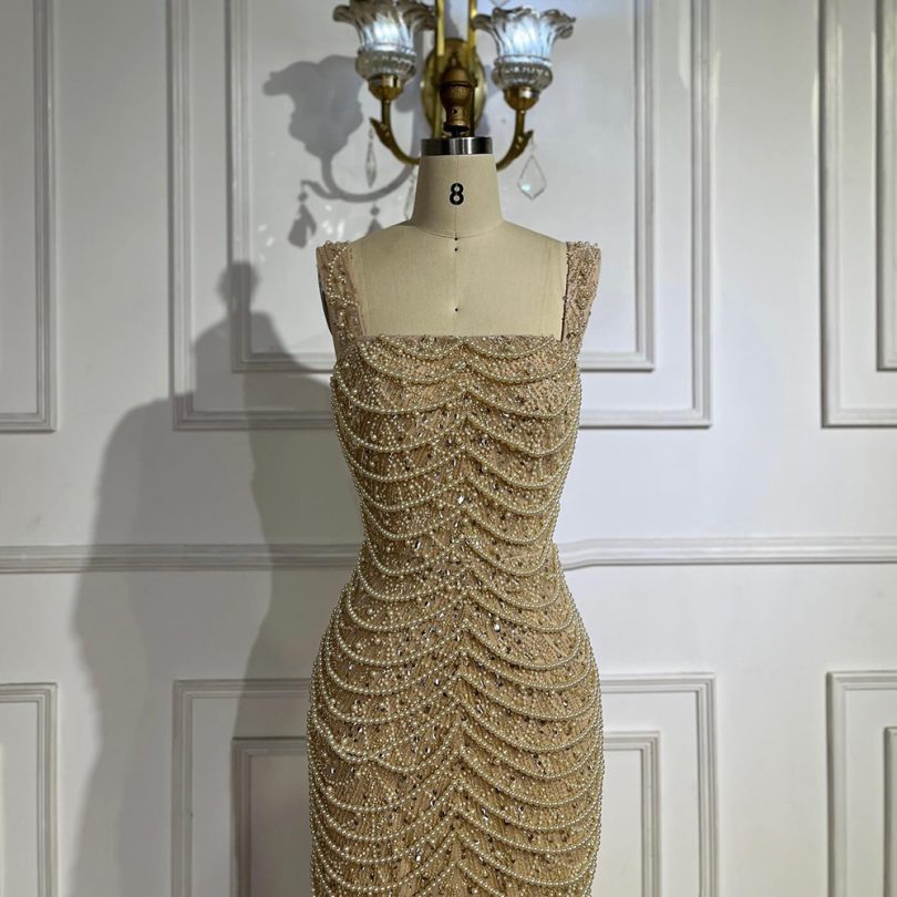 Nude Elegant Sling Light Luxury High-end Pearl Beaded Dress - Image 2