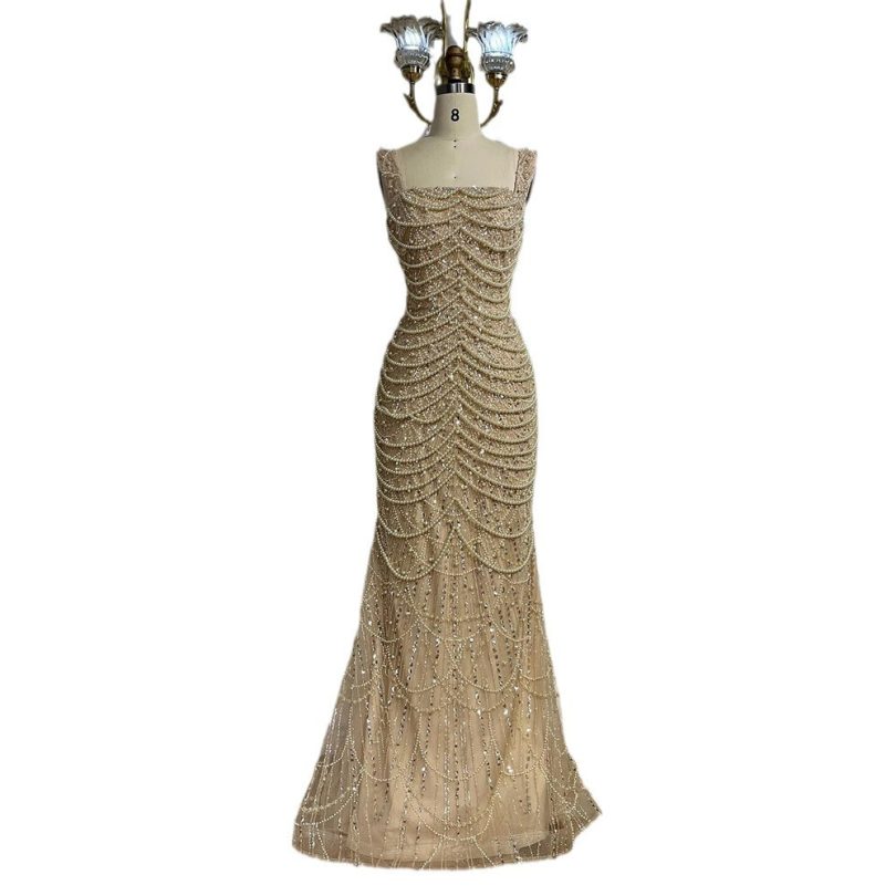 Nude Elegant Sling Light Luxury High-end Pearl Beaded Dress - Image 7