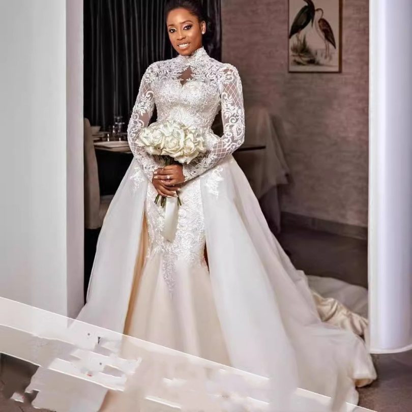 African Bridal Lace Long Sleeve Stand Collar Wedding Dress - Image 4