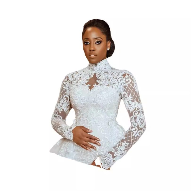 African Bridal Lace Long Sleeve Stand Collar Wedding Dress - Image 5