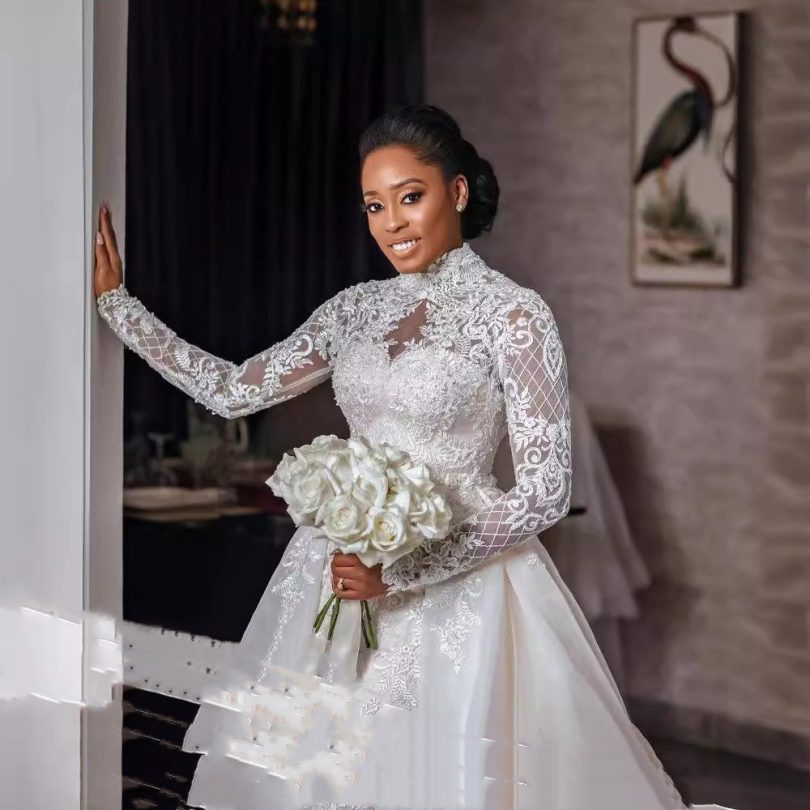 African Bridal Lace Long Sleeve Stand Collar Wedding Dress - Image 3