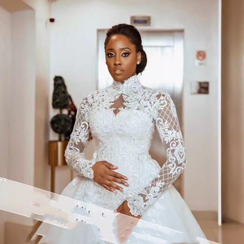 African Bridal Lace Long Sleeve Stand Collar Wedding Dress - Image 2